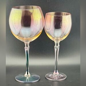 2 Iridescent tulip Brigitte Colony Crystal Glasses 16oz & 8 oz wine glasses.